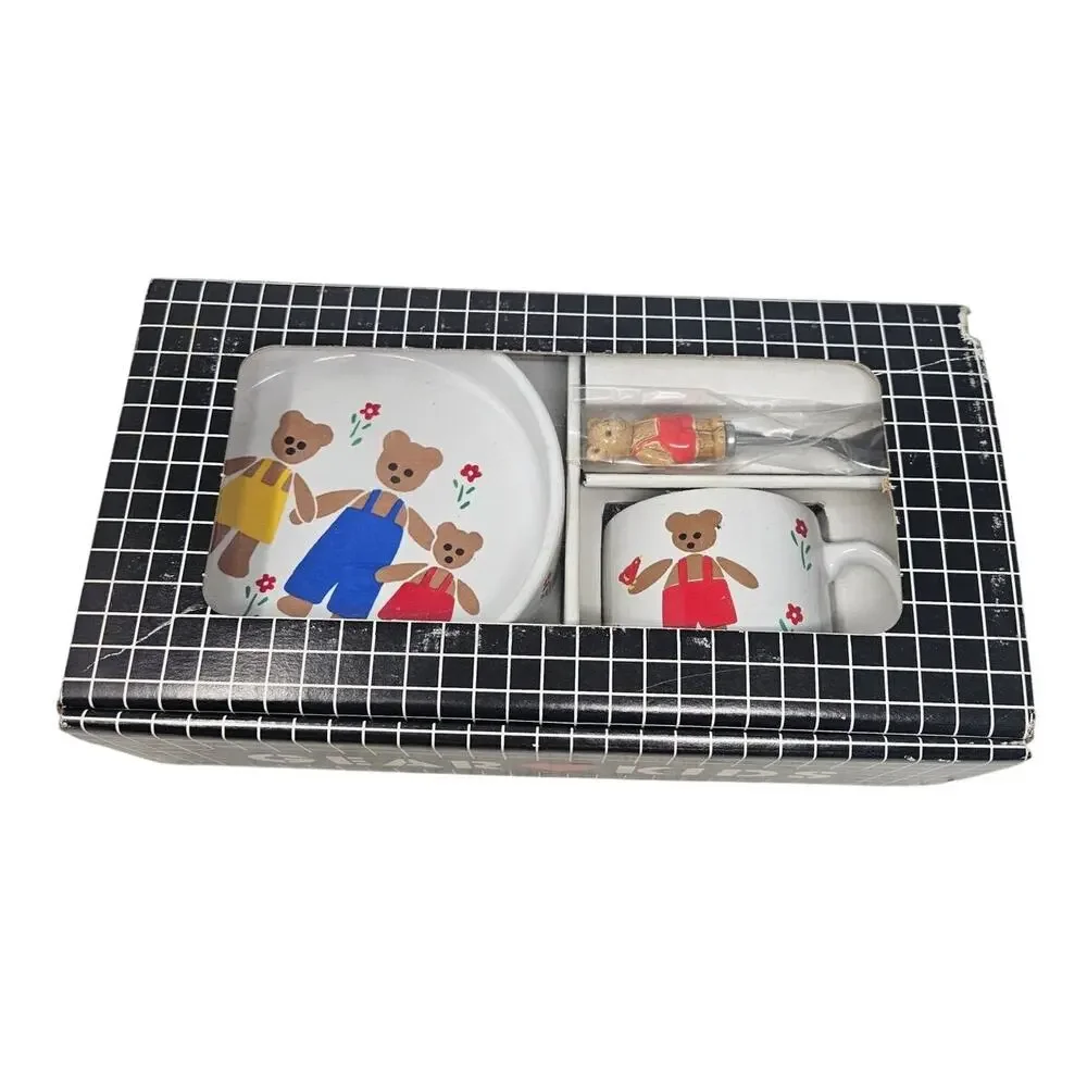 Vintage 80s Gear Kids 3 Piece Toddler Dining Set Bears Ceramic Colonial Cape Cod